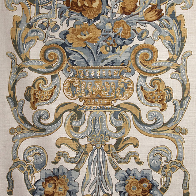 Baroque Floral Canvas/Multi Blue & Oakwood 16136M-002 by Scalamandre Designer Fabric STOCKED AT 100% LINEN UNITED KINGDOM HEAVY DUTY Horizontal: 44" and Vertical: 25" 50" - Swanky Fabrics -