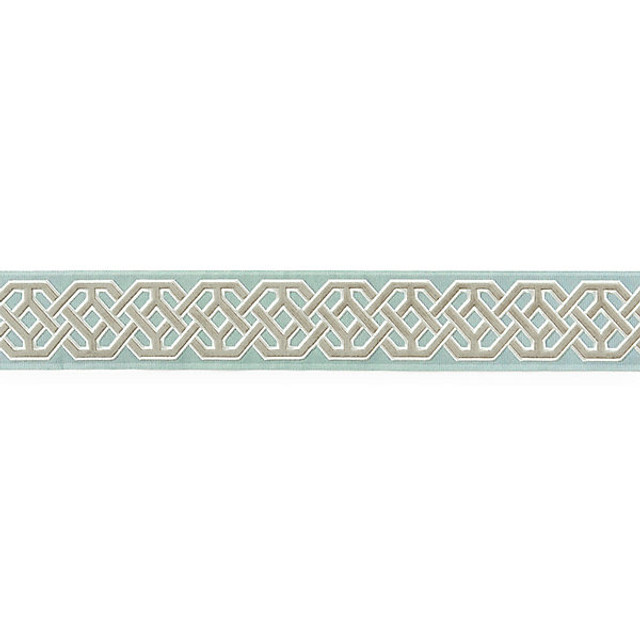 Beaufort Velvet Tape/Aquamarine T3322-002 by Scalamandre Trim Designer Trim CHINOIS CHIC TRIMMING STOCKED AT SCALAMANDRE WAREHOUSE 49% RAYON|24% FIBRANNE|27% POLYESTER CHINA LIGHT DUTY Horizontal: 2.625" and Vertical: 3.25" - Swanky Fabrics -