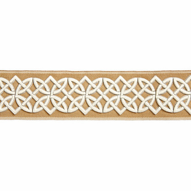 Celtic Embroidered Tape/Camel T3282-002 by Scalamandre Trim Designer Trim HAMPTONS TRIMMINGS STOCKED AT 40% POLYESTER;32% VISCOSE;28% ACRYLIC CHINA LIGHT DUTY Horizontal: and Vertical: 2.8125" - Swanky Fabrics -