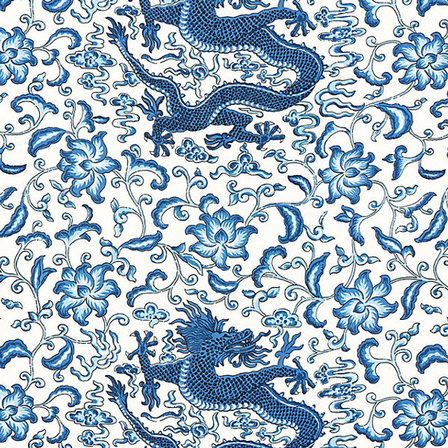 Chi'En Dragon Linen Print/Indigo 16558-004 by Scalamandre Designer Fabric FALL 2015 STOCKED AT 52% LINEN;48% COTTON UNITED KINGDOM LIGHT DUTY Horizontal: 23" and Vertical: 27" 56" - Swanky Fabrics -
