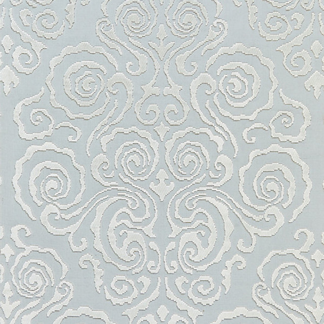 Cirrus Velvet Damask/Mist 27219-001 by Scalamandre Designer Fabric CHINOIS CHIC STOCKED AT SCALAMANDRE WAREHOUSE 62% COTTON|3% LINEN|3% POLYESTER|32% VISCOSE INDIA MEDIUM DUTY Horizontal: 45.5" and Vertical: 26.5" 53" - Swanky Fabrics -