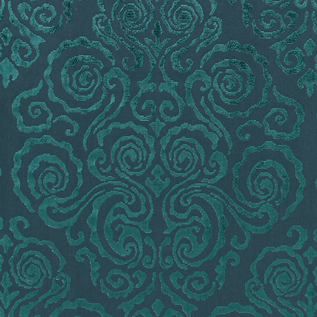 Cirrus Velvet Damask/Emerald 27219-003 by Scalamandre Designer Fabric CHINOIS CHIC STOCKED AT SCALAMANDRE WAREHOUSE 62% COTTON|3% LINEN|3% POLYESTER|32% VISCOSE INDIA MEDIUM DUTY Horizontal: 45.5" and Vertical: 26.5" 53" - Swanky Fabrics -