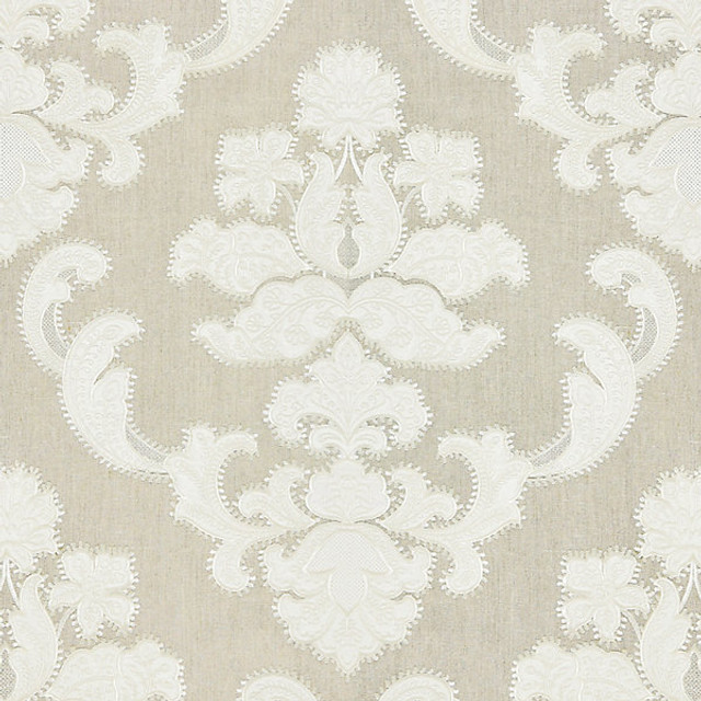 Cornelia Damask Embroidery/Flax 27160-002 by Scalamandre Designer Fabric STOCKED AT SCALAMANDRE WAREHOUSE 50% LINEN|10% COTTON|40% VISCOSE INDIA DRAPERY ONLY Horizontal: 3.5" and Vertical: 25" 50" - Swanky Fabrics -
