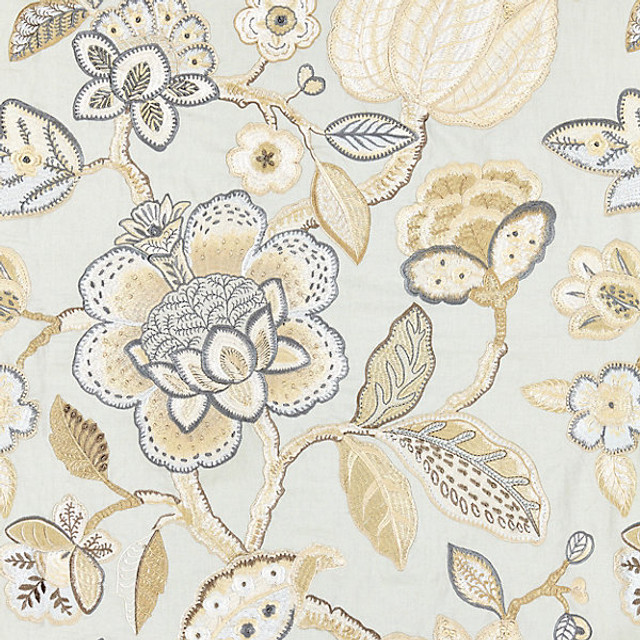 Coromandel Embroidery/Mineral 27126-004 by Scalamandre Designer Fabric BOTANICA STOCKED AT 36% VISCOSE;29% LINEN;19% COTTON;16% SPUN POLYESTER INDIA LIGHT DUTY Horizontal: 31.75" and Vertical: 25.625" 51" - Swanky Fabrics -