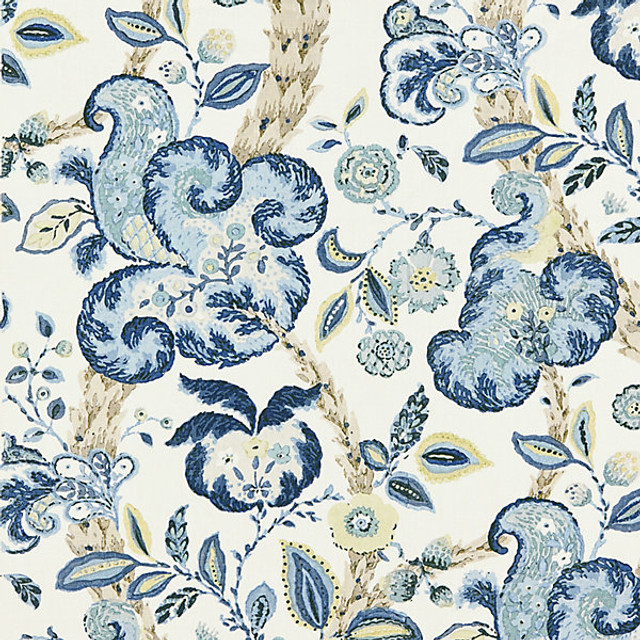 Cumbria Hand Block Print/China Blue On Ivory 16603-003 by Scalamandre Designer Fabric LA BOHEME STOCKED AT 100% LINEN THAILAND LIGHT DUTY Horizontal: 36" and Vertical: 16.625" 49.5" - Swanky Fabrics -