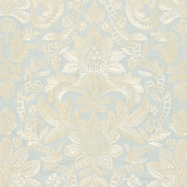 Elizabeth Damask Embroidery/Aquamarine 27086-002 by Scalamandre Designer Fabric FALL 2016 STOCKED AT 36% LINEN;27% VISCOSE;24% COTTON;13% SPUN POLYESTER INDIA LIGHT DUTY Horizontal: 31.5" and Vertical: 25.625" 51" - Swanky Fabrics -