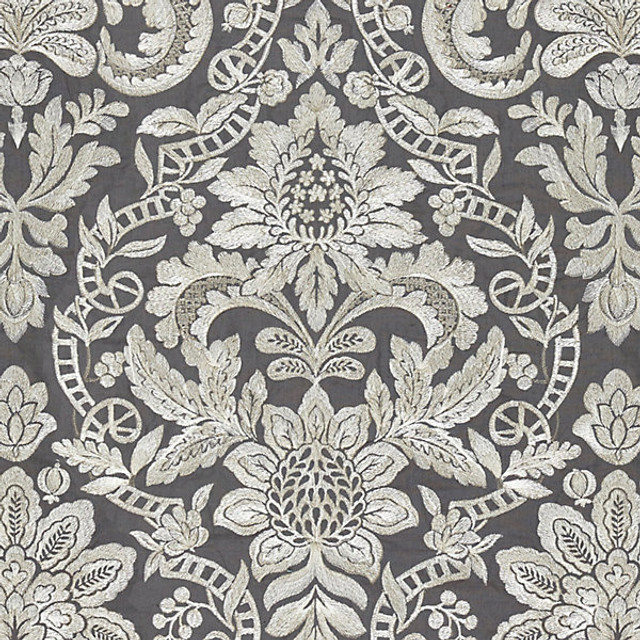 Elizabeth Damask Embroidery/Charcoal 27086-004 by Scalamandre Designer Fabric FALL 2016 STOCKED AT 36% LINEN;27% VISCOSE;24% COTTON;13% SPUN POLYESTER INDIA LIGHT DUTY Horizontal: 31.5" and Vertical: 25.625" 51" - Swanky Fabrics -