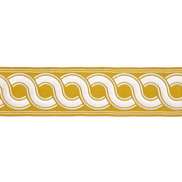 Guilloche Embroidered Tape/Brass T3283-003 by Scalamandre Trim Designer Trim HAMPTONS TRIMMINGS STOCKED AT 37% ACRYLIC;32% POLYESTER;31% VISCOSE CHINA LIGHT DUTY Horizontal: and Vertical: 2.875" - Swanky Fabrics -