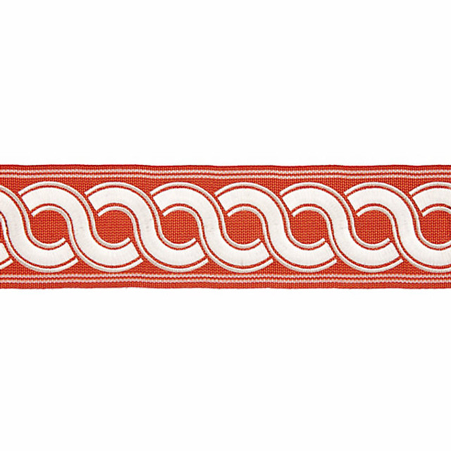 Guilloche Embroidered Tape/Coral T3283-004 by Scalamandre Trim Designer Trim HAMPTONS TRIMMINGS STOCKED AT 37% ACRYLIC;32% POLYESTER;31% VISCOSE CHINA LIGHT DUTY Horizontal: and Vertical: 2.875" - Swanky Fabrics -