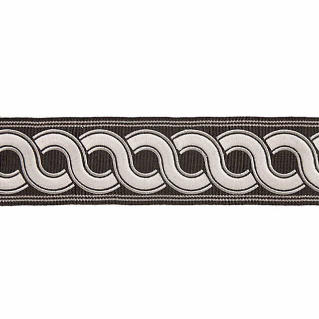 Guilloche Embroidered Tape/Charcoal T3283-005 by Scalamandre Trim Designer Trim HAMPTONS TRIMMINGS STOCKED AT 37% ACRYLIC;32% POLYESTER;31% VISCOSE CHINA LIGHT DUTY Horizontal: and Vertical: 2.875" - Swanky Fabrics -