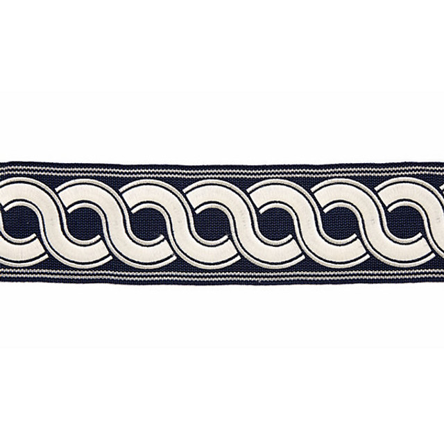 Guilloche Embroidered Tape/Indigo T3283-006 by Scalamandre Trim Designer Trim HAMPTONS TRIMMINGS STOCKED AT 37% ACRYLIC;32% POLYESTER;31% VISCOSE CHINA LIGHT DUTY Horizontal: and Vertical: 2.875" - Swanky Fabrics -