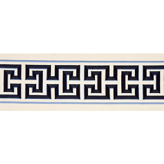 Imperial Embroidered Tape/Navy T3280-004 by Scalamandre Trim Designer Trim FALL 2015 STOCKED AT 80% COTTON;20% RAYON INDIA LIGHT DUTY Horizontal: 6.5" and Vertical: 6" 6" - Swanky Fabrics -