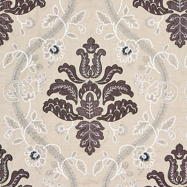 Isabella Embroidery/Graphite 27033-003 by Scalamandre Designer Fabric FALL 2015 STOCKED AT 50% LINEN;27% VISCOSE;16% SPUN VISCOSE;7% SPUN POLYESTER INDIA LIGHT DUTY Horizontal: 30.375" and Vertical: 24.5" 54" - Swanky Fabrics -