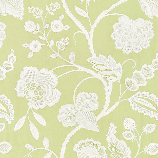Kensington Embroidery/Celery 27151-002 by Scalamandre Designer Fabric BOTANICA STOCKED AT 50% POLYESTER;30% LINEN;20% COTTON INDIA LIGHT DUTY Horizontal: 3.375" and Vertical: 24.75" 51" - Swanky Fabrics -
