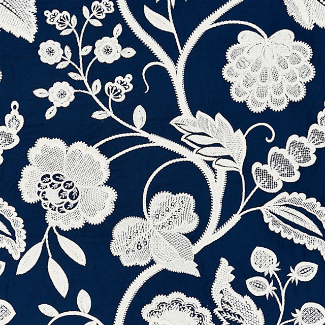 Kensington Embroidery/Navy 27151-005 by Scalamandre Designer Fabric BOTANICA STOCKED AT 50% POLYESTER;30% LINEN;20% COTTON INDIA LIGHT DUTY Horizontal: 3.375" and Vertical: 24.75" 51" - Swanky Fabrics -