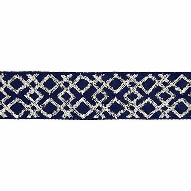 Lattice Tape/Indigo T3295-004 by Scalamandre Trim Designer Trim MODERN LUXURY STOCKED AT 70% COTTON;30% VISCOSE INDIA LIGHT DUTY Horizontal: 3.75" and Vertical: 2.75" - Swanky Fabrics -