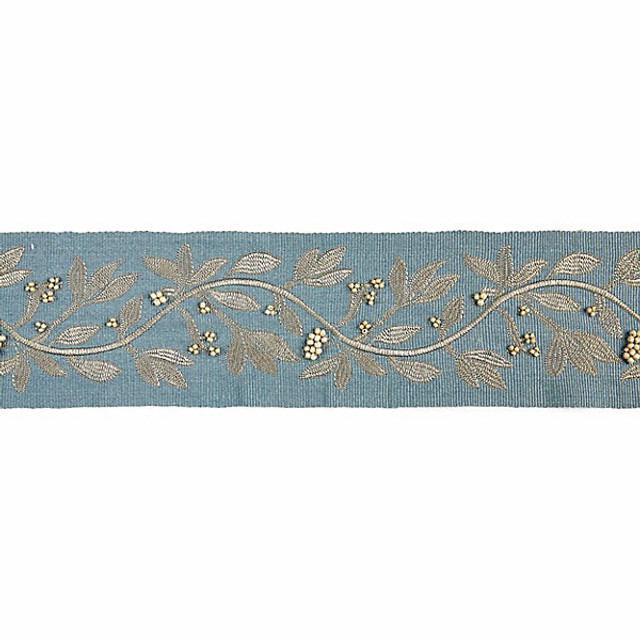 Laurel Embroidered Tape/Bluestone T3292-003 by Scalamandre Trim Designer Trim MODERN LUXURY STOCKED AT 50% VISCOSE;35% GLASS;15% METALLIC INDIA LIGHT DUTY Horizontal: 7.5" and Vertical: 3.75" - Swanky Fabrics -