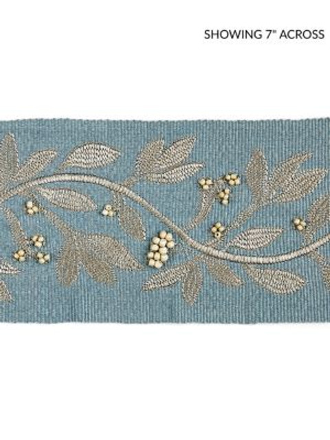 Laurel Embroidered Tape Bluestone SCT32920003 by Scalamandre Designer Trim MODERN LUXURY 50% VISCOSE 35% GLASS 15% METALLIC INDIA LIGHT DUTY Horizontal: 7.5" and Vertical: 3.75 - Swanky Fabrics -