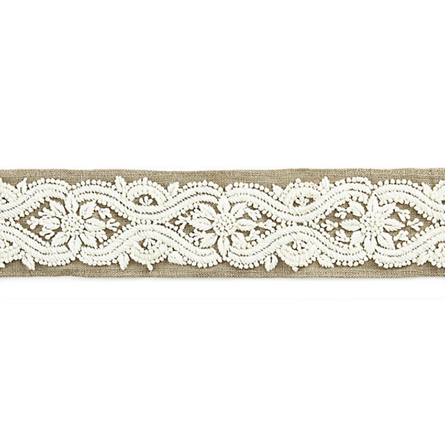 Linnea Embroidered Tape/Flax T3298-001 by Scalamandre Trim Designer Trim STOCKED AT 65% SPUN POLYESTER;35% LINEN INDIA LIGHT DUTY Horizontal: 4.5" and Vertical: 2.75" - Swanky Fabrics -