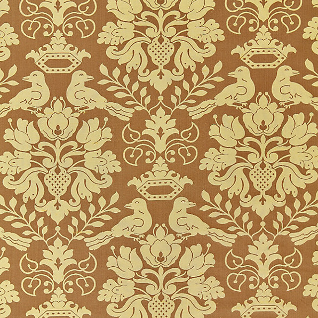 Love Bird/Chocolate & Gold 1098Mm-013 by Scalamandre Designer Fabric STOCKED AT 100% SILK INDIA LIGHT DUTY Horizontal: 16" and Vertical: 13" 55" - Swanky Fabrics -