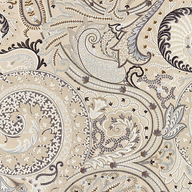 Malabar Paisley Embroidery/Flax 27124-003 by Scalamandre Designer Fabric BOTANICA STOCKED AT 60% COTTON;40% VISCOSE INDIA LIGHT DUTY Horizontal: 30" and Vertical: 25.125" 51" - Swanky Fabrics -