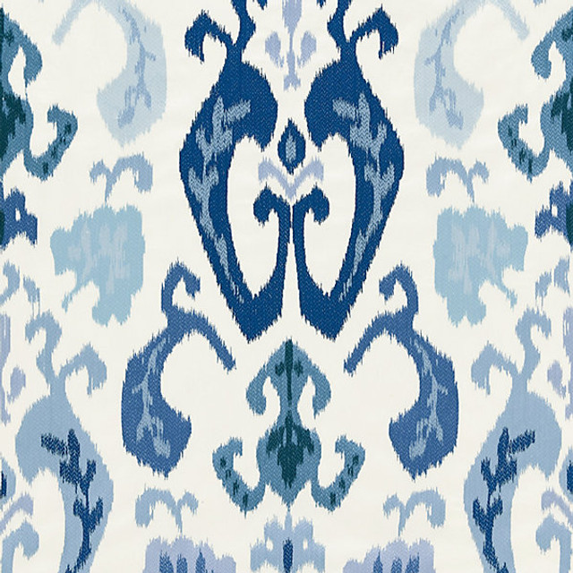 Mandalay Ikat Embroidery/Porcelain 27172-002 by Scalamandre Designer Fabric STOCKED AT 53% COTTON;37% VISCOSE;10% SPUN POLYESTER INDIA MEDIUM DUTY Horizontal: 31" and Vertical: 25.5" 51.5" - Swanky Fabrics -