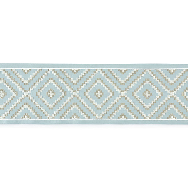 Medina Embroidered Tape/Sky T3306-002 by Scalamandre Trim Designer Trim STOCKED AT 55% COTTON;37% VISCOSE;8% SPUN POLYESTER INDIA LIGHT DUTY Horizontal: 5" and Vertical: 5.5" - Swanky Fabrics -