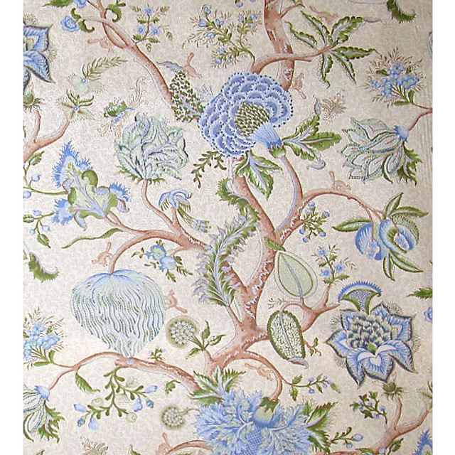 Pondicherry/Blue, Green On Cream 16430-003 by Scalamandre Designer Fabric STOCKED AT 100% COTTON ENGLAND LIGHT DUTY Horizontal: 4.75" and Vertical: 26.5" 53" - Swanky Fabrics -