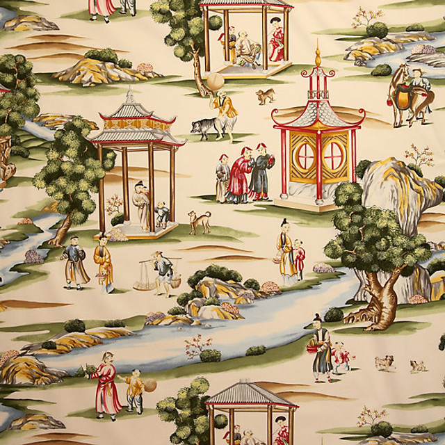 Shanghai/Multi On Tea Stain 16264-002 by Scalamandre Designer Fabric STOCKED AT 100% COTTON ITALY LIGHT DUTY Horizontal: 39" and Vertical: 51" 54.5" - Swanky Fabrics -