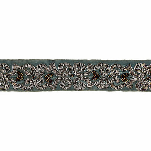 Zardozi Velvet Tape/Mineral & Pewter T3290-002 by Scalamandre Trim Designer Trim MODERN LUXURY STOCKED AT 80% METALLIC;20% VISCOSE INDIA LIGHT DUTY Horizontal: 4.125" and Vertical: 1.75" - Swanky Fabrics -