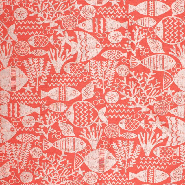 Fish Tale Io Coral Red by RM CoCo Designer Fabric Veranda 72% Polypropylene 28% Polyester - Dry clean only Horizontal: 29 and Vertical: 27.125 58 - Swanky Fabrics -