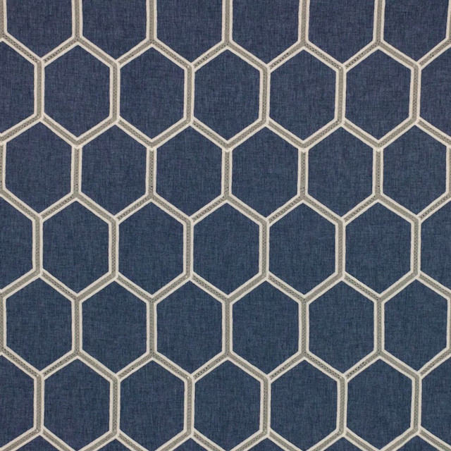 Trovaso Trellis Indigo by RM CoCo Designer Fabric Inspired Living Vol 16 72% Polyester 21% Cotton 7% Linen See Sample 0 Horizontal: 4.37008119.3307137 54  - Swanky Fabrics -