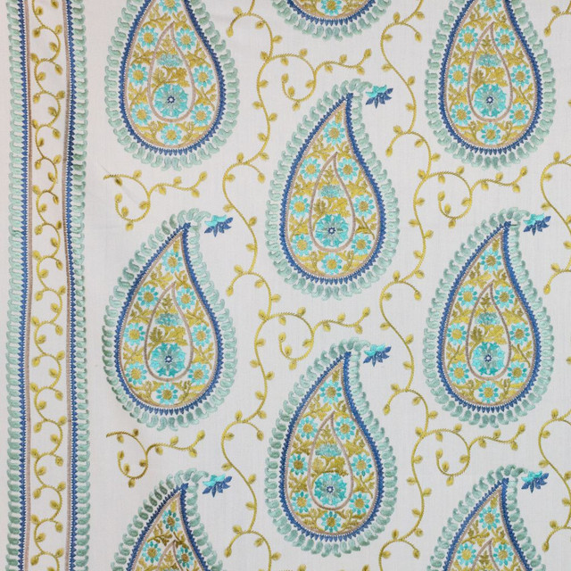 Kadiri Paisley Border Mineral by RM CoCo Designer Fabric Inspired Living Vol 17 80% Polyester 20% Linen See Sample 0 Horizontal: 15.512.13 56  - Swanky Fabrics -