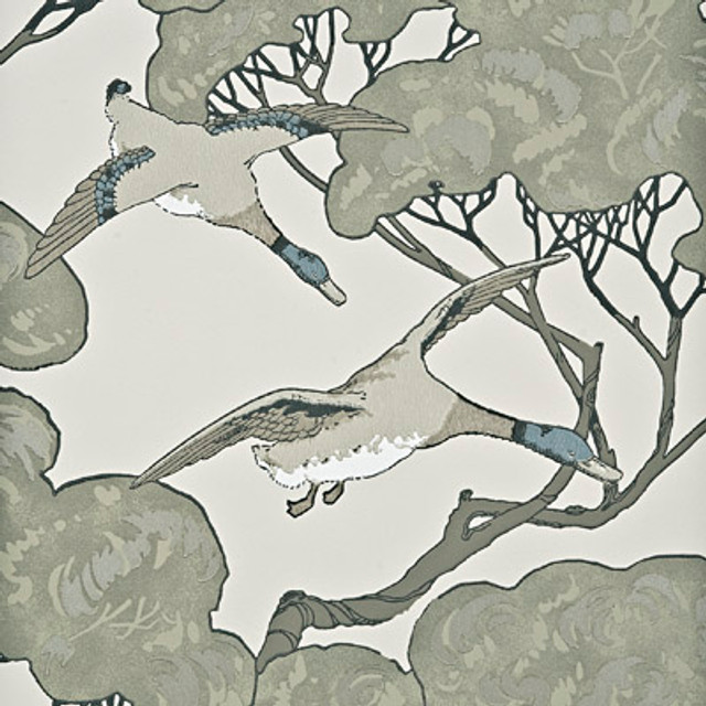 Flying Ducks Silver/Taupe by Mulberry Designer Wallcovering Flying Ducks Silver/Taupe by Mulberry Designer Wallcovering