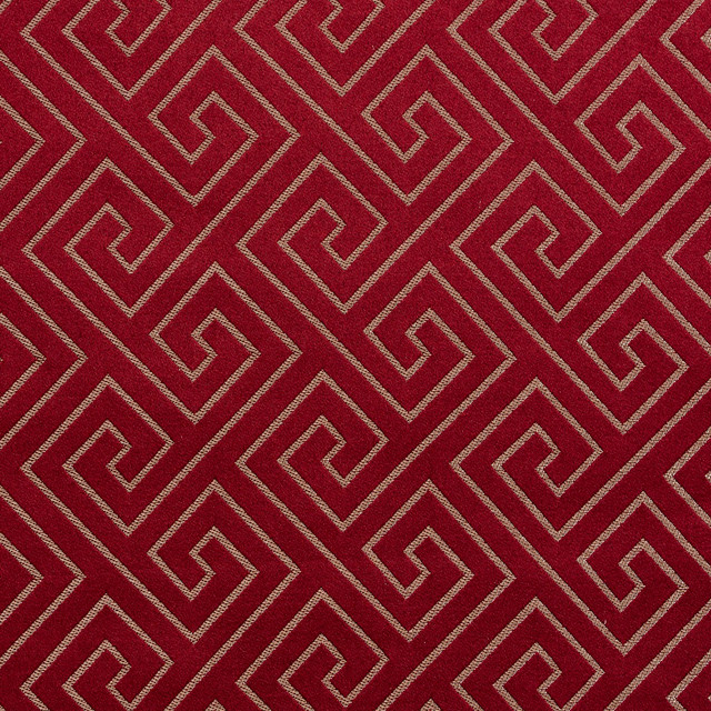 D172 Merlot Greek Key by Charlotte Designer Fabric Sateens 100% Woven Polyester Asia Exceeds 100,000 Wyzenbeek Rubs (Heavy Duty) Horizontal: 3.5" x Vertical: 3.5" 54 Inches - Swanky Fabrics -