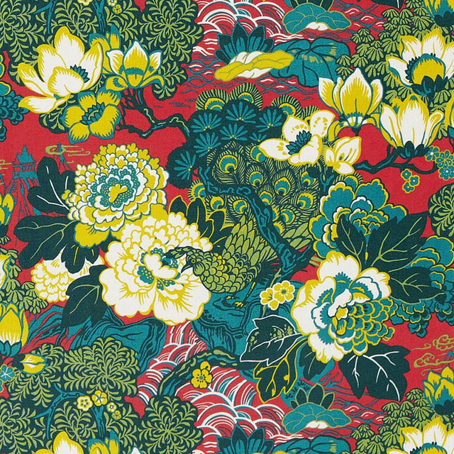 Shanghai Peacock Cerise 175130 by Schumacher Designer Fabric Exuberant Prints 26.25" - Swanky Fabrics -