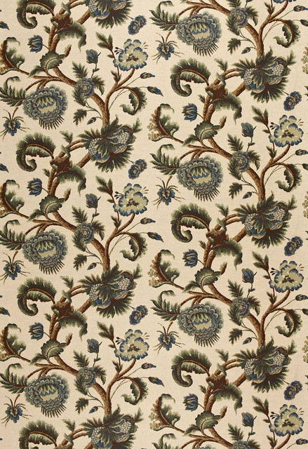 Jacobean Printed Crewel Multi Blues Wood Tones 2639314 by Schumacher Designer Fabric Classic-Prints 54% Linen, 46% Cotton Wyzenbeek 25,000 Horizontal: 28 and Vertical: 25.25 56 - Swanky Fabrics -