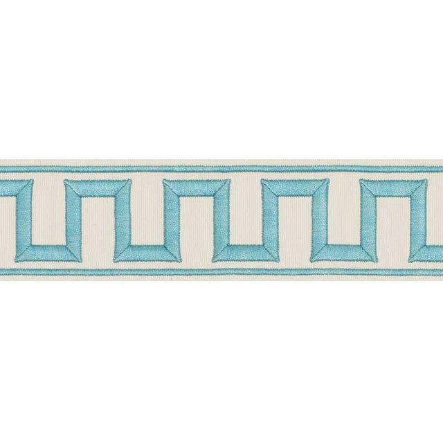 Greek Key Embroidered Tape Aqua 70793 by Schumacher Designer Trim Miles Redd 1.8" - Swanky Fabrics -