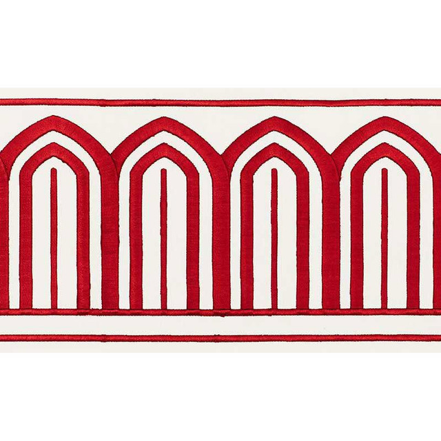 Arches Embroidered Tape Wide Red 70771 by Schumacher Designer Trim Miles Redd 5.3" - Swanky Fabrics -