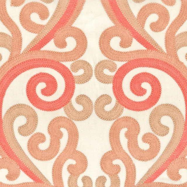 Boxster 4 Shrimp by Stout Designer Fabric Rainbow Library Coral/Blossom 100% Cotton Embroidery INDIA Horizontal: 12.625 and Vertical: 15.625 51.25 in - Swanky Fabrics -
