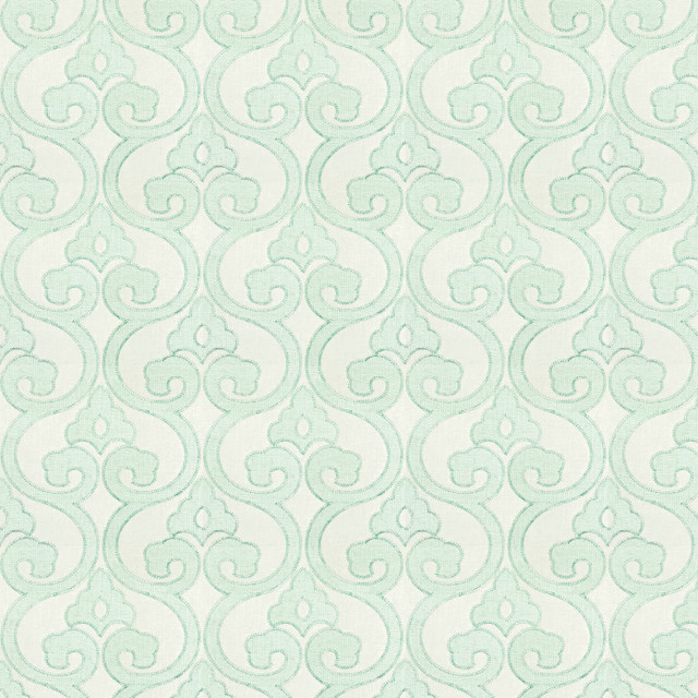 Opus 2 Aqua by Stout Designer Fabric Rainbow Library Bayberry/Seafoam 60% Linen 40% Cotton Viscose Embroidery INDIA Horizontal: 13 and Vertical: 7.875 52 in - Swanky Fabrics -