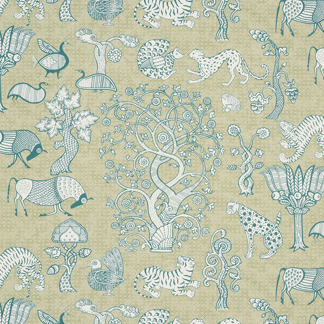 Animalia Peacock & Leaf 178321 by Schumacher Designer Fabric PALAMPORE See Sample ITALY - </p><p>Repeat: Horizontal: 25 1/4" (64CM) and Vertical: 22 1/4" (57CM) 54 3/8" (138CM) - Swanky Fabrics -
