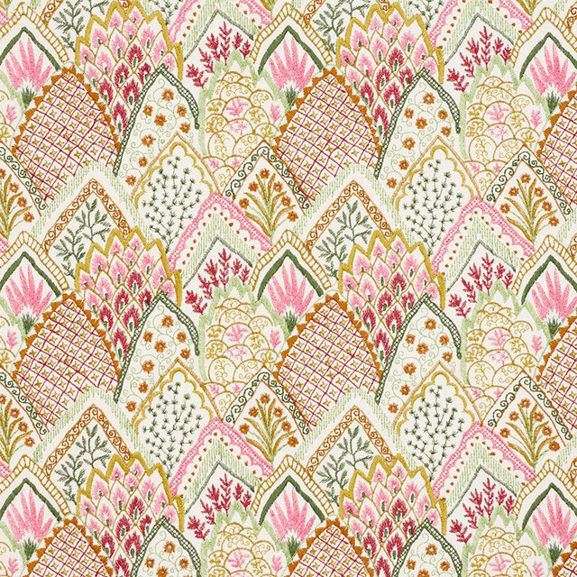 Albizia Embroidery Pink & Leaf 76312 by Schumacher Designer Fabric Palampore 8.62" - Swanky Fabrics -