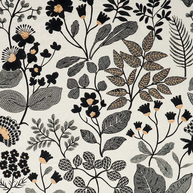 Emaline Embroidery Black 78312 by Schumacher Designer Fabric EXQUISITE EMBROIDERIES See Sample INDIA - </p><p>Repeat: Horizontal: 24 3/4" (63CM) and Vertical: 29 1/2" (75CM) 49" - Swanky Fabrics -