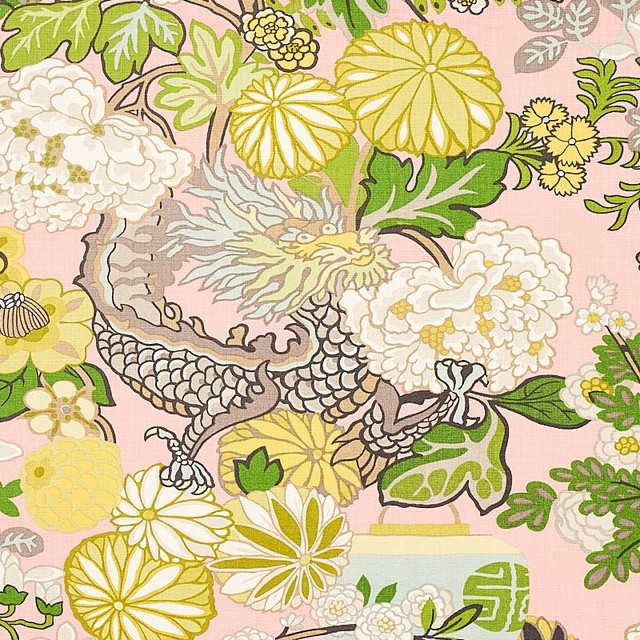Chiang Mai Dragon Blush 173280 by Schumacher Designer Fabric Exuberant Prints 27.0" - Swanky Fabrics -