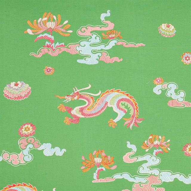 Hanlun Dragon Embroidery Green 78112 by Schumacher Designer Fabric FIRE BREATHER See Sample INDIA - </p><p>Repeat: Horizontal: 52 1/4" (133CM) and Vertical: 30 1/4" (77CM) 52 1/4" (133CM) - Swanky Fabrics -