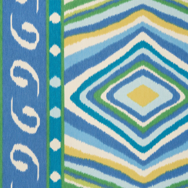 Terence Ikat Peacock 178582 by Schumacher Designer Fabric JOHNSON HARTIG FOR LIBERTINE See Sample SWITZERLAND LIGHT DURABILITY </p><p>Repeat: Horizontal: 56" (142CM) and Vertical: 30 1/2" (77CM) 56" (142CM) - Swanky Fabrics -