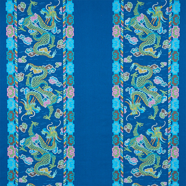 Lotan Dragon Embroidery Blue 78091 by Schumacher Designer Fabric FIRE BREATHER See Sample INDIA - </p><p>Repeat: Horizontal: 26 1/2" (67CM) and Vertical: 30" (76CM) 58 1/2" (149CM) - Swanky Fabrics -
