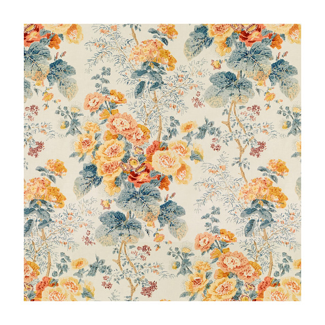 Hollyhock Hdb Apricot/Lake by Lee Jofa Designer Fabric - COTTON - 100% Thailand - Horizontal: 33 and Vertical: 40 49 - Swanky Fabrics -