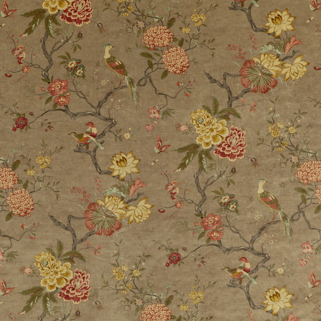 Oriental Bird Velvet Mole by G P & J Baker Designer Fabric SIGNATURE VELVETS VISCOSE - 60%;COTTON - 30%;POLYESTER - 10% Italy - Horizontal: 17.9664 and Vertical: 32.308 53.978 - Swanky Fabrics -